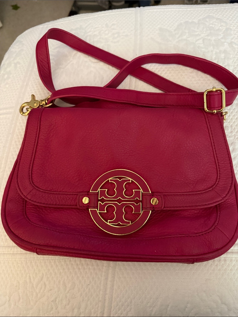 Tory Burch Pink Leather Crossbody with Gold Tone Logo